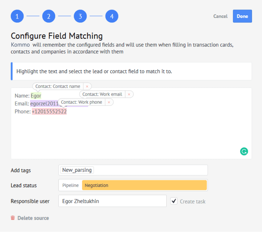 Configure field matching to parse an email