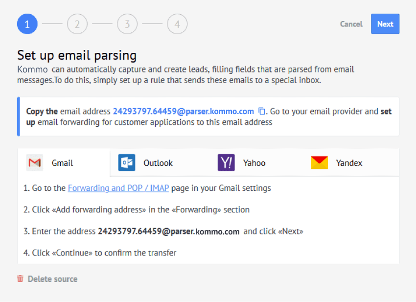 Kommo can parse email messages