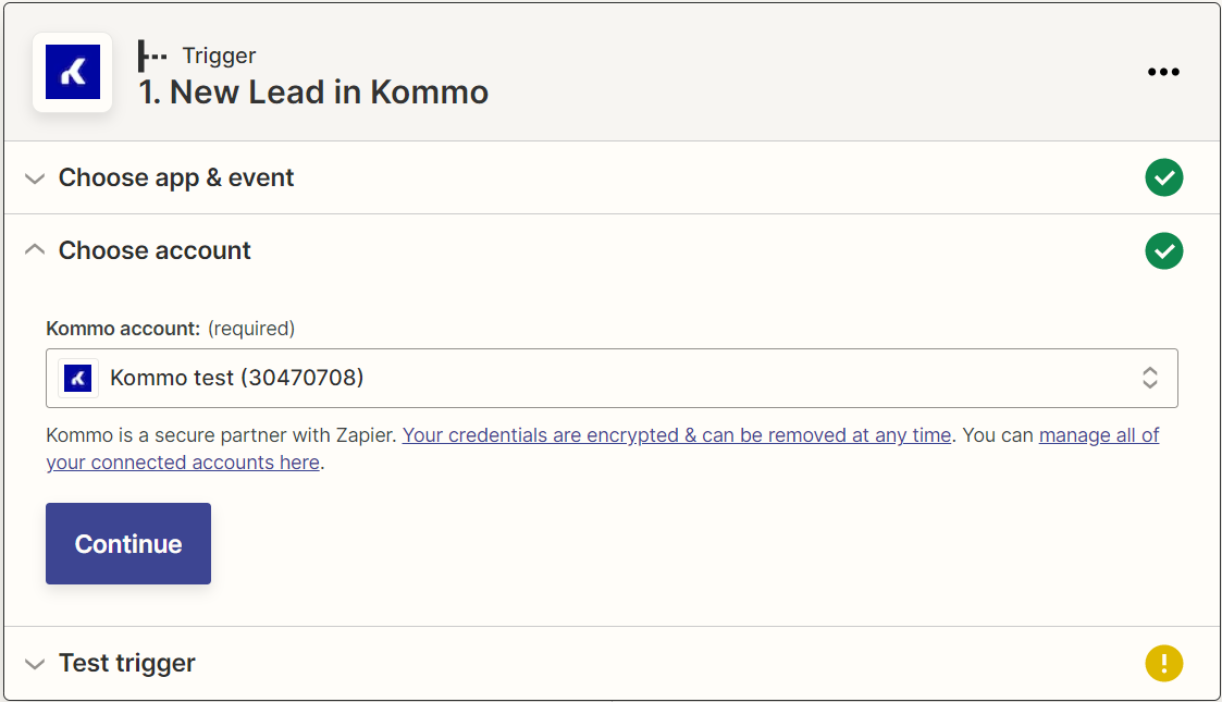 Select your Kommo account in Kommo account section