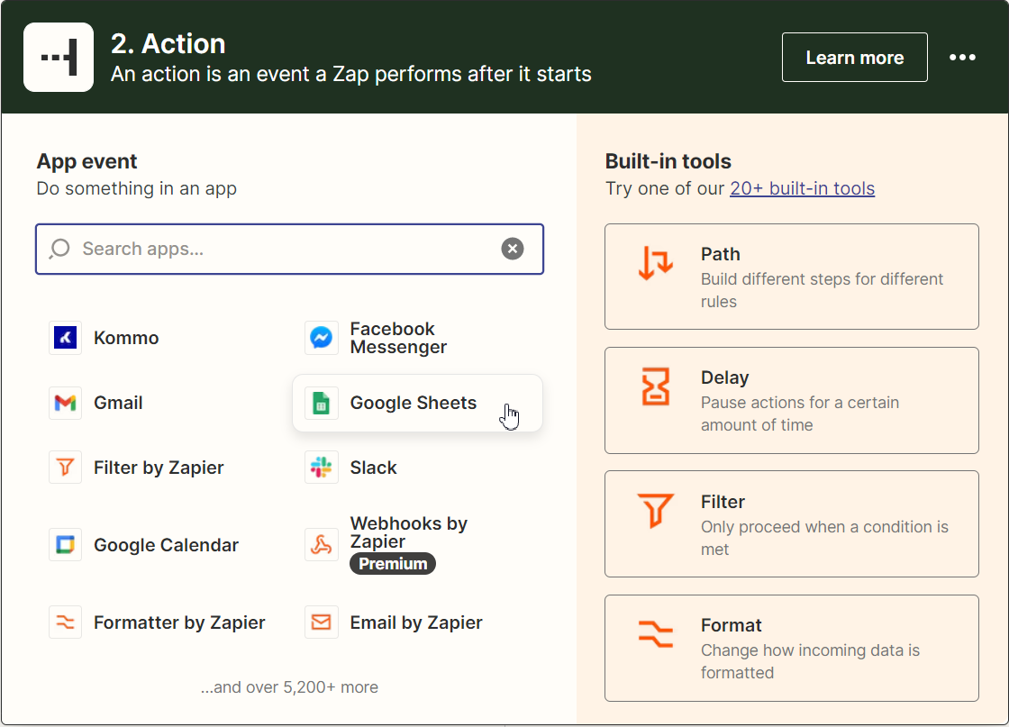 Choose Google Sheets as an action app