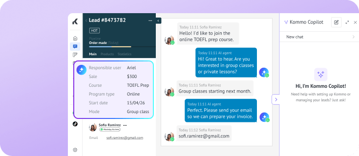 TOEFL course lead card updated automatically from chat conversation