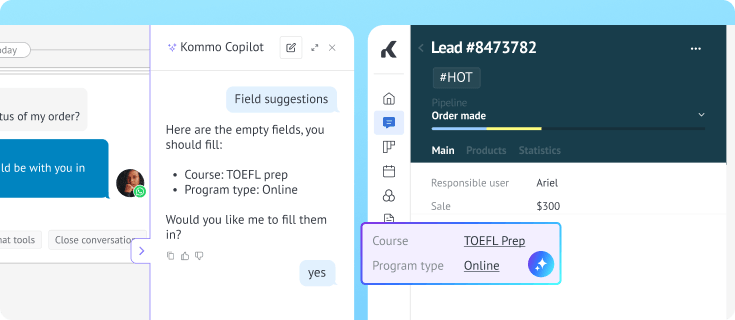 AI Copilot fills lead fields automatically after collecting customer details in chat