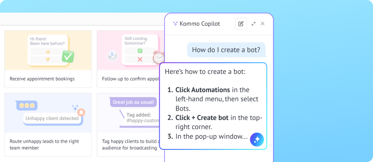 Kommo Copilot explains how to create an automation bot from the Bots menu