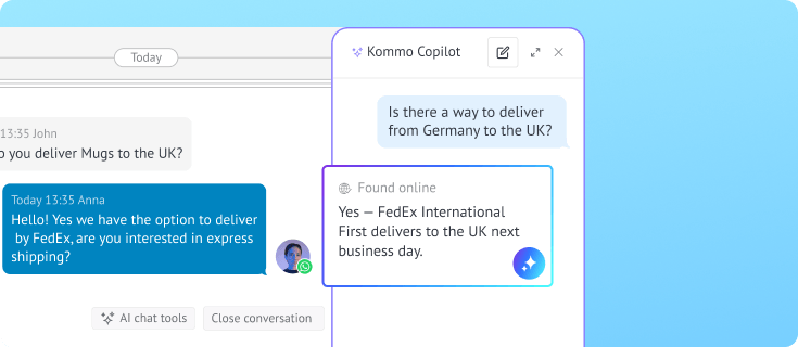 AI Copilot answers a customer shipping question using online information during chat
