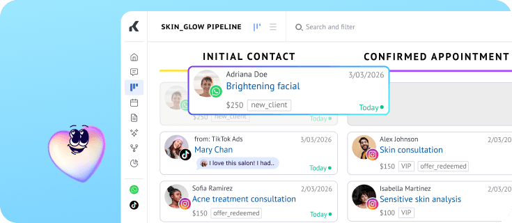 Beauty clinic sales pipeline displaying skincare consultation leads from social media ads
