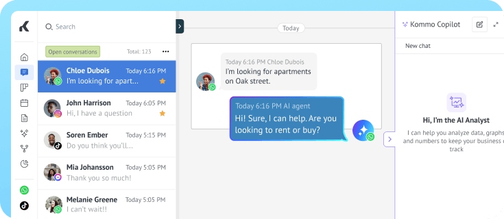 AI-powered inbox managing WhatsApp, Instagram, TikTok, and Messenger customer conversations