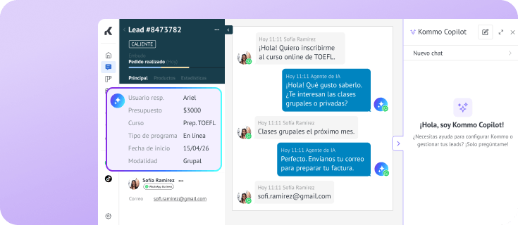 Lead de curso TOEFL actualizado automáticamente desde una conversación de chat