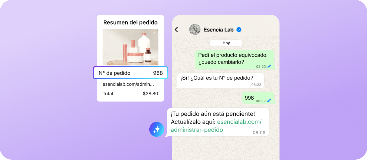 Solicitud de actualización de pedido gestionada por un agente de IA en WhatsApp