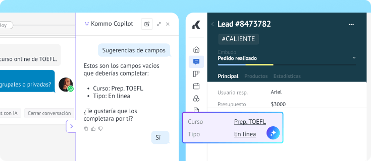 Copilot con IA completa automáticamente los campos del lead tras recopilar los datos del cliente