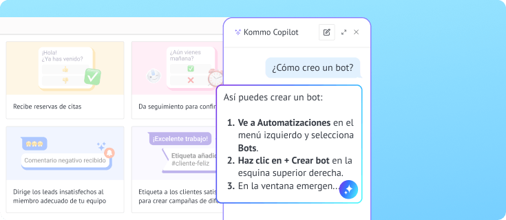 Kommo Copilot explica cómo crear un bot de automatización desde el menú Bots