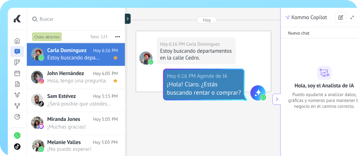 Bandeja de entrada con IA gestionando conversaciones de clientes de WhatsApp, Instagram, TikTok y Messenger