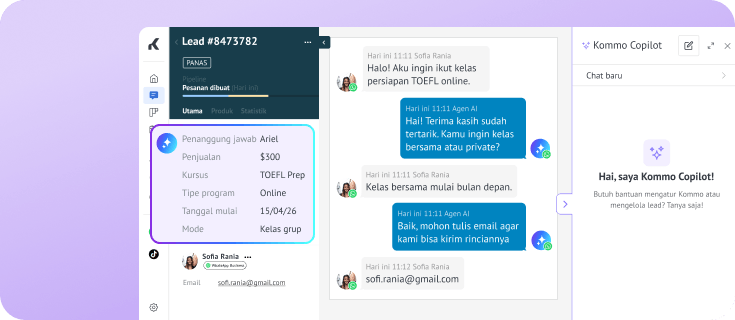 Kartu prospek kursus TOEFL diperbarui otomatis dari percakapan chat