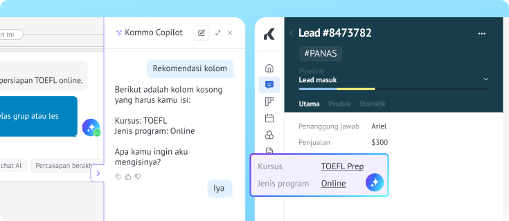 AI Copilot mengisi otomatis data prospek setelah mengumpulkan informasi pelanggan di chat