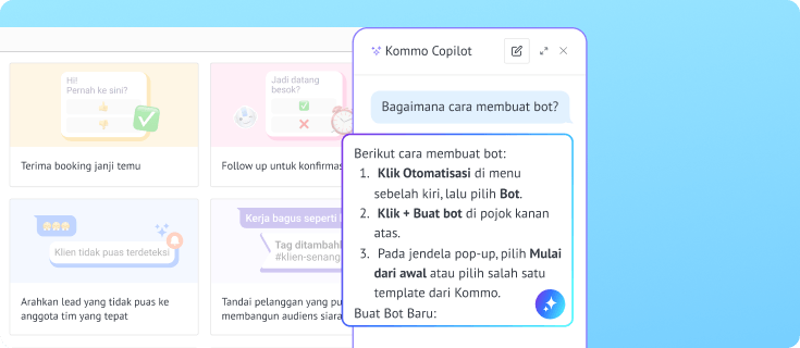 Kommo Copilot menjelaskan cara membuat bot otomatisasi melalui menu Bots