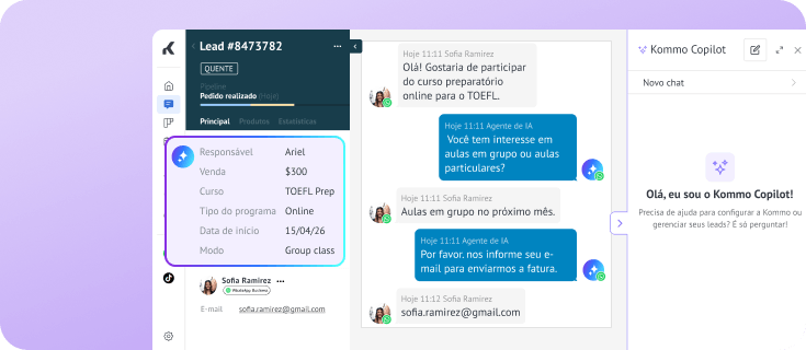 Lead de curso preparatório para TOEFL atualizado automaticamente a partir do chat