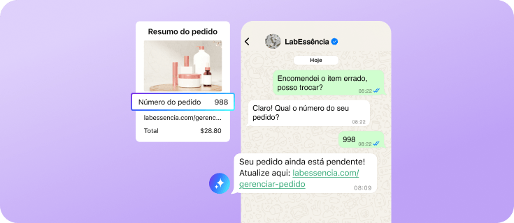 Solicitação de alteração de pedido atendida por um agente de IA no WhatsApp