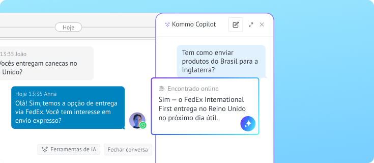 Copilot com IA responde uma dúvida sobre envio usando informações encontradas online