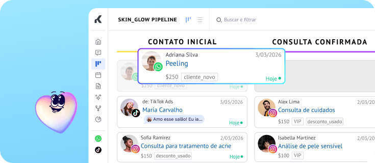 Pipeline de vendas de clínica de beleza exibindo leads de consultas de skincare vindos de anúncios