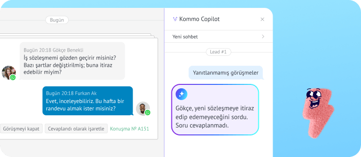 Yapay zeka asistanı sohbet içindeki yanıtsız müşteri sorusunu vurguluyor