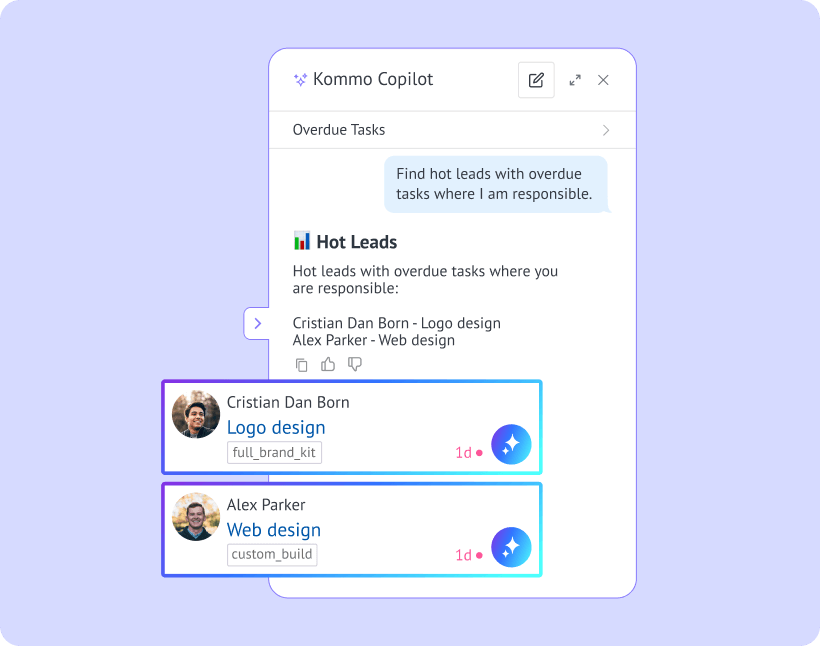 Kommo Copilot identifying hot leads with overdue tasks and prioritizing the most promising sales opportunities