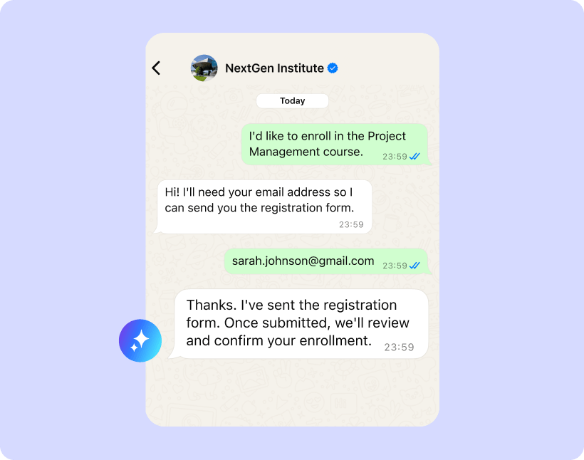 AI assistant collecting an email address from a prospective student and sending a registration form for course enrollment