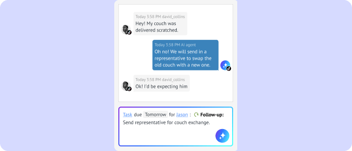 AI creating a follow-up task from a customer support conversation and assigning it to a team member with a deadline