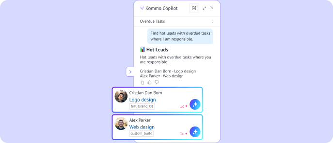 Kommo Copilot identifying hot leads with overdue tasks and prioritizing the most promising sales opportunities