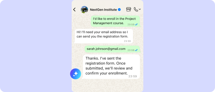 AI assistant collecting an email address from a prospective student and sending a registration form for course enrollment