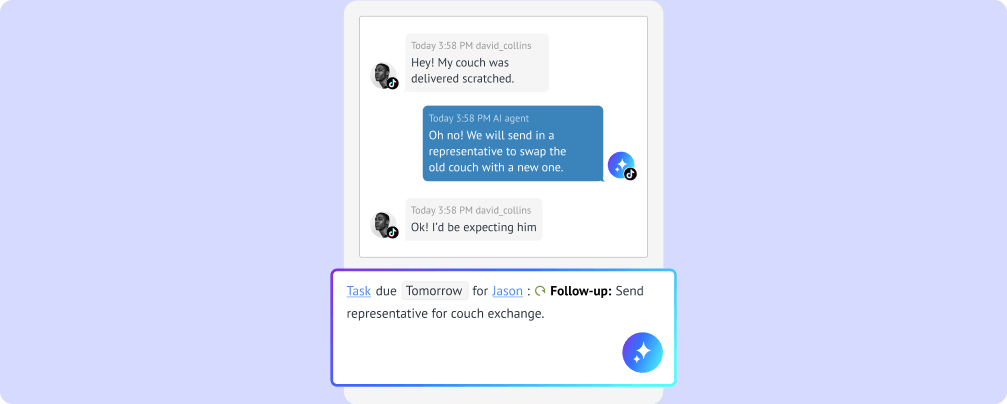 AI creating a follow-up task from a customer support conversation and assigning it to a team member with a deadline
