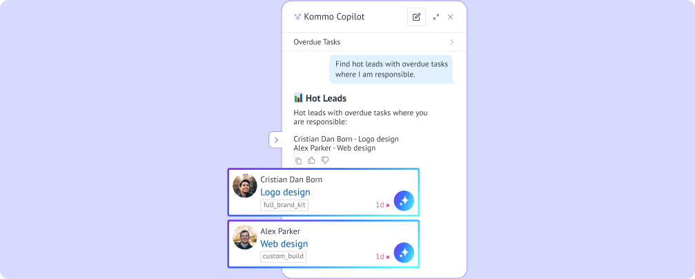 Kommo Copilot identifying hot leads with overdue tasks and prioritizing the most promising sales opportunities