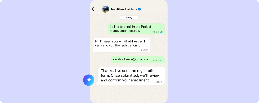 AI assistant collecting an email address from a prospective student and sending a registration form for course enrollment