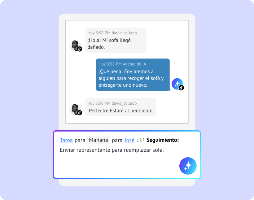 IA creando una tarea de seguimiento a partir de una conversación de soporte y asignándola a un miembro del equipo con fecha límite