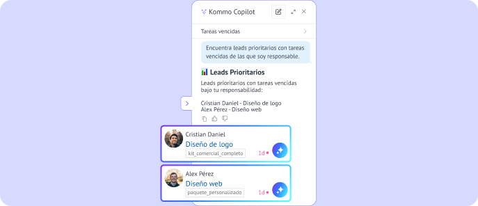 Kommo Copilot identificando leads calientes con tareas vencidas y priorizando las oportunidades de venta más prometedoras