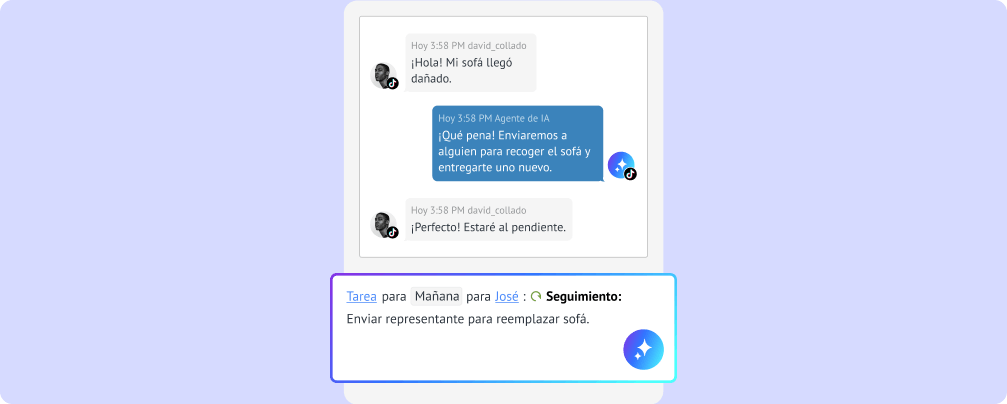 IA creando una tarea de seguimiento a partir de una conversación de soporte y asignándola a un miembro del equipo con fecha límite