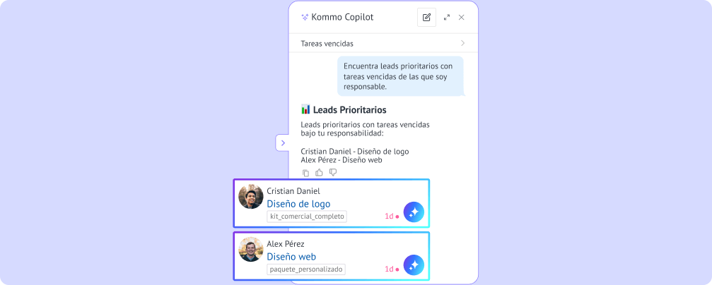 Kommo Copilot identificando leads calientes con tareas vencidas y priorizando las oportunidades de venta más prometedoras