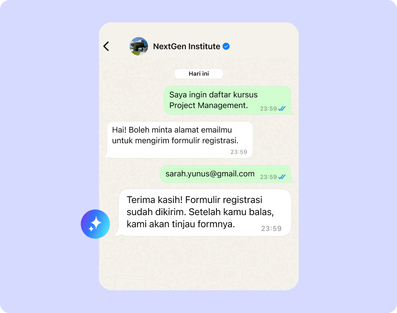 Asisten AI mengumpulkan alamat email calon siswa dan mengirim formulir pendaftaran kursus
