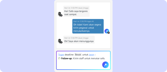 AI membuat tugas tindak lanjut dari percakapan dukungan pelanggan dan menugaskannya kepada anggota tim dengan tenggat waktu