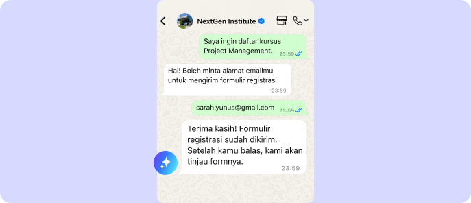 Asisten AI mengumpulkan alamat email calon siswa dan mengirim formulir pendaftaran kursus