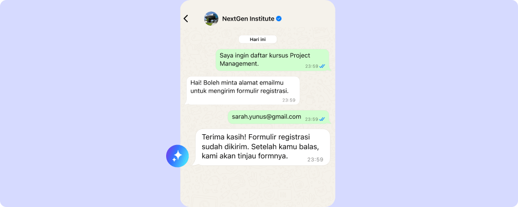 Asisten AI mengumpulkan alamat email calon siswa dan mengirim formulir pendaftaran kursus