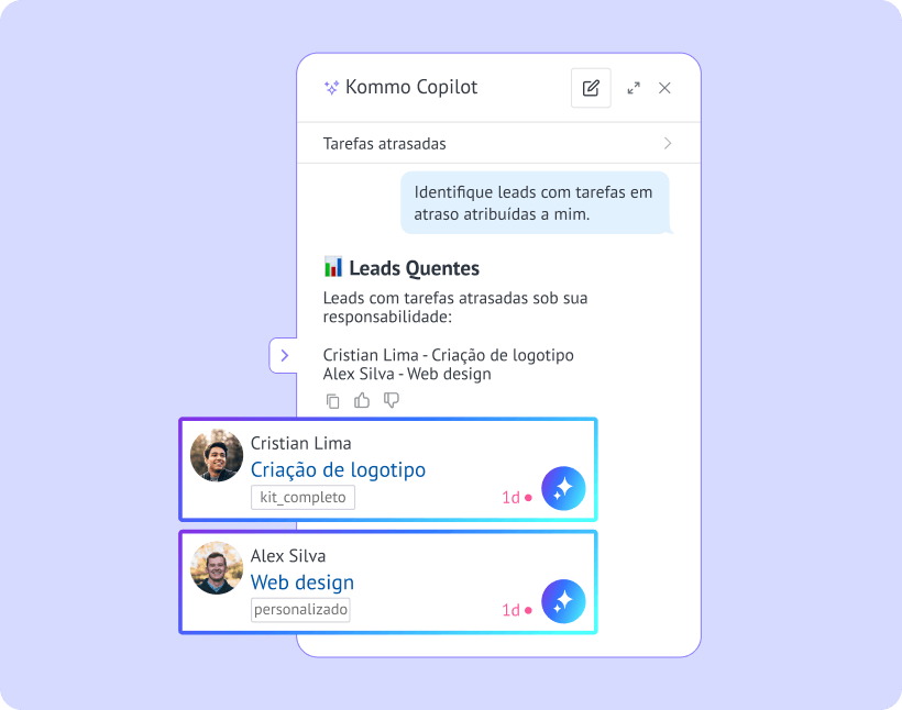 Kommo Copilot identificando leads quentes com tarefas vencidas e priorizando as oportunidades de venda mais promissoras