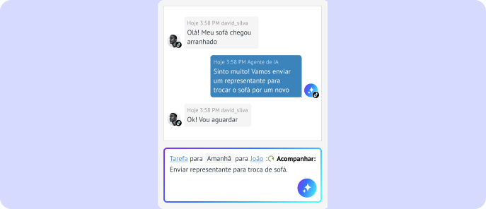 IA criando uma tarefa de acompanhamento a partir de uma conversa de suporte e atribuindo-a a um membro da equipe com prazo definido