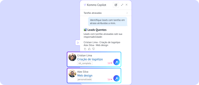 Kommo Copilot identificando leads quentes com tarefas vencidas e priorizando as oportunidades de venda mais promissoras