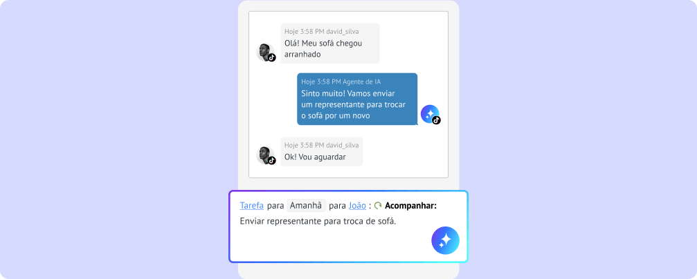 IA criando uma tarefa de acompanhamento a partir de uma conversa de suporte e atribuindo-a a um membro da equipe com prazo definido