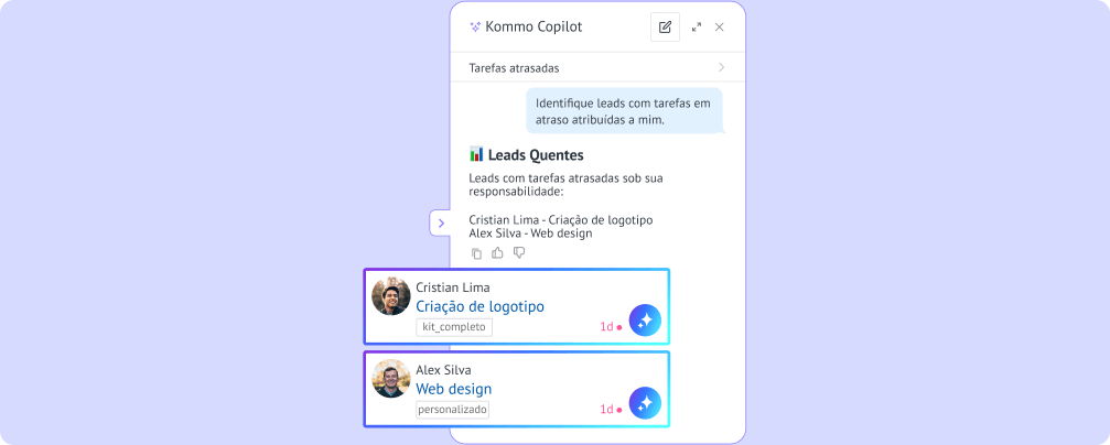 Kommo Copilot identificando leads quentes com tarefas vencidas e priorizando as oportunidades de venda mais promissoras