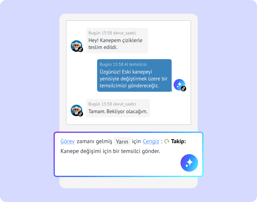 AI'ın müşteri destek görüşmesinden takip görevi oluşturup bunu son teslim tarihiyle ekip üyesine ataması