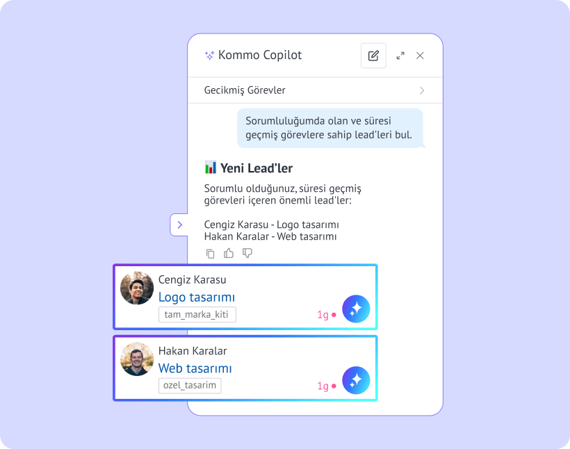 Kommo Copilot'un gecikmiş görevleri olan sıcak lead'leri belirleyip en umut verici satış fırsatlarını önceliklendirmesi
