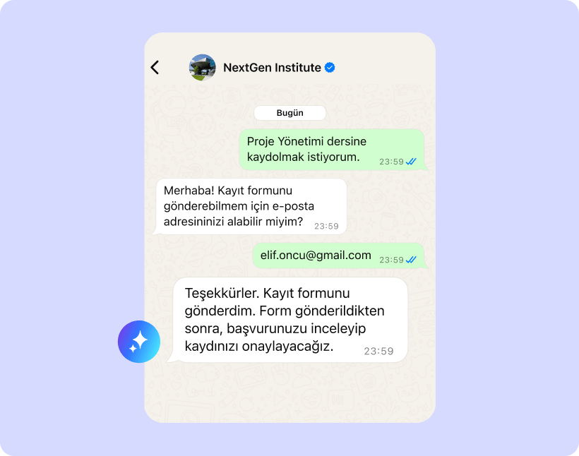 AI asistanının potansiyel öğrenciden e-posta alıp kurs kaydı için kayıt formu göndermesi