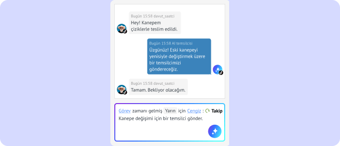 AI'ın müşteri destek görüşmesinden takip görevi oluşturup bunu son teslim tarihiyle ekip üyesine ataması