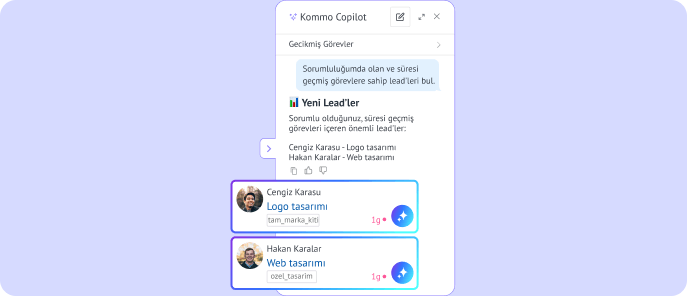 Kommo Copilot'un gecikmiş görevleri olan sıcak lead'leri belirleyip en umut verici satış fırsatlarını önceliklendirmesi