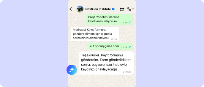 AI asistanının potansiyel öğrenciden e-posta alıp kurs kaydı için kayıt formu göndermesi